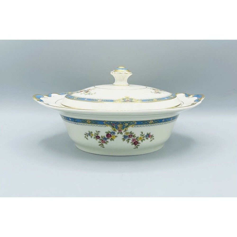 Royal Ivory KPM Chesly Serving Dish with Lid Blue Floral Gold Trim Czech Germany